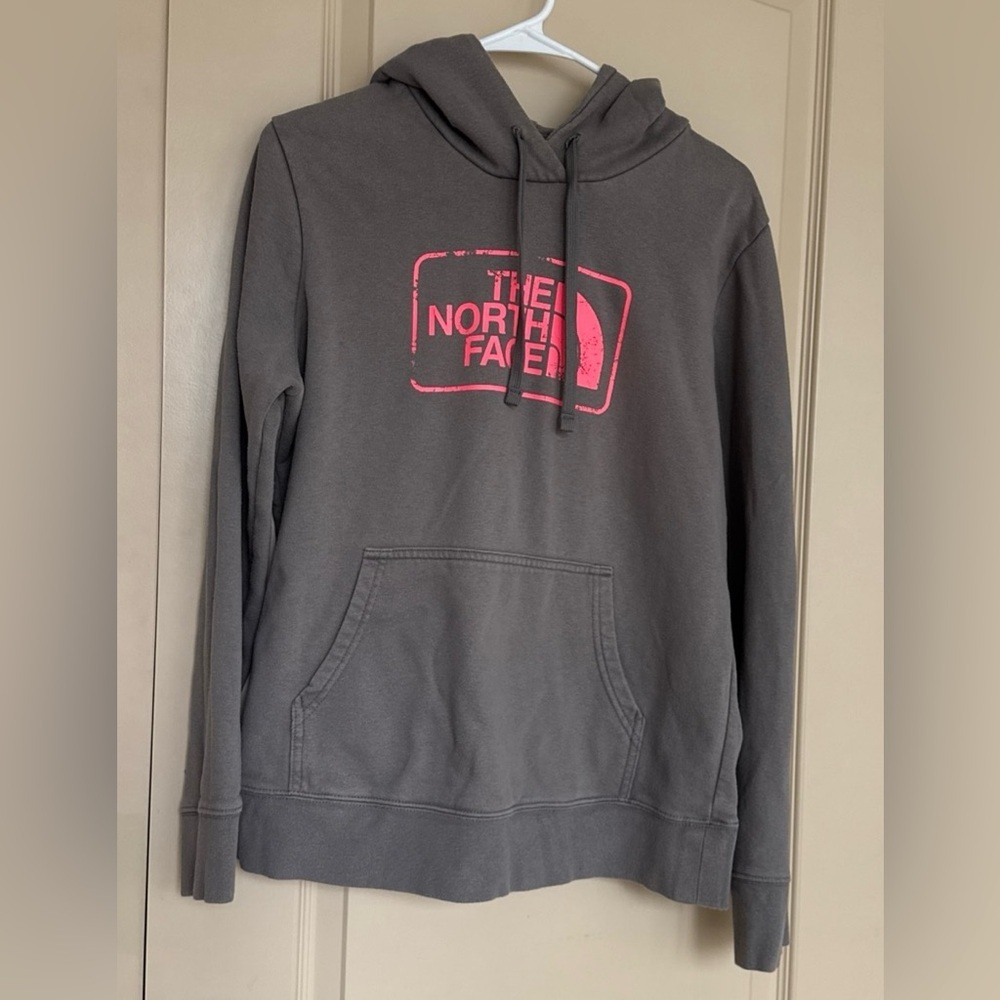 The North Face Charcoal Hoodie with Neon Pink Logo Women